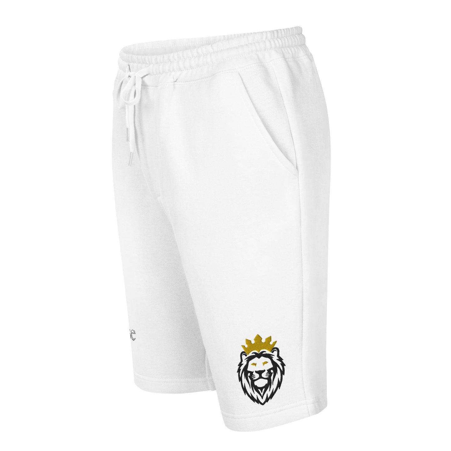 THSR White Adult Fleece Shorts - Embroidered Black & Gold KING Lion and Bold Black "Still Rise" Design