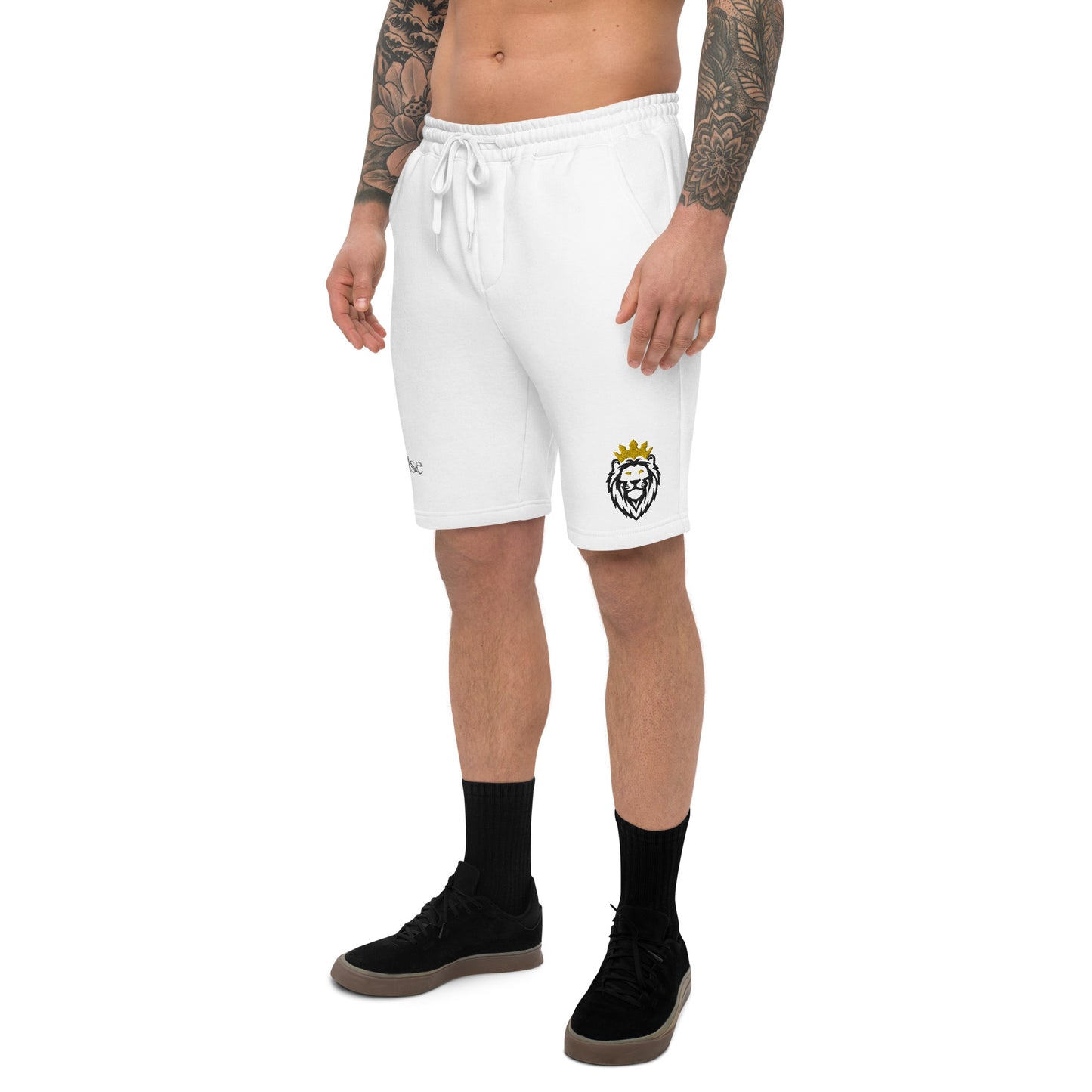 THSR White Adult Fleece Shorts - Embroidered Black & Gold KING Lion and Bold Black "Still Rise" Design