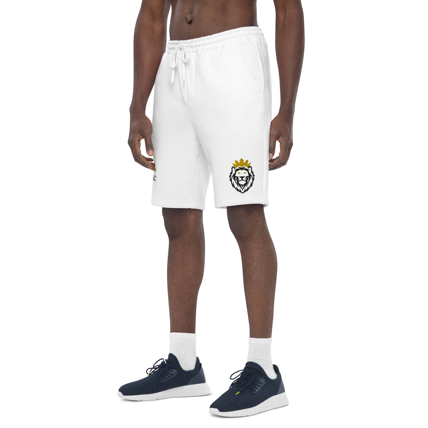 THSR White Adult Fleece Shorts - Embroidered Black & Gold KING Lion and Bold Gold and Black "True Heroes Still Rise" Design