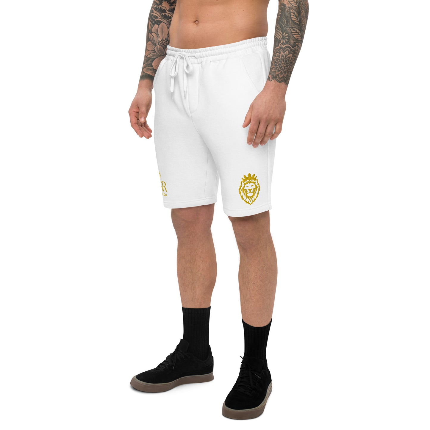 THSR Adult Fleece Shorts - Black or White with Embroidered Gold KING Lion and Gold "THSR True Heroes Still Rise" Design