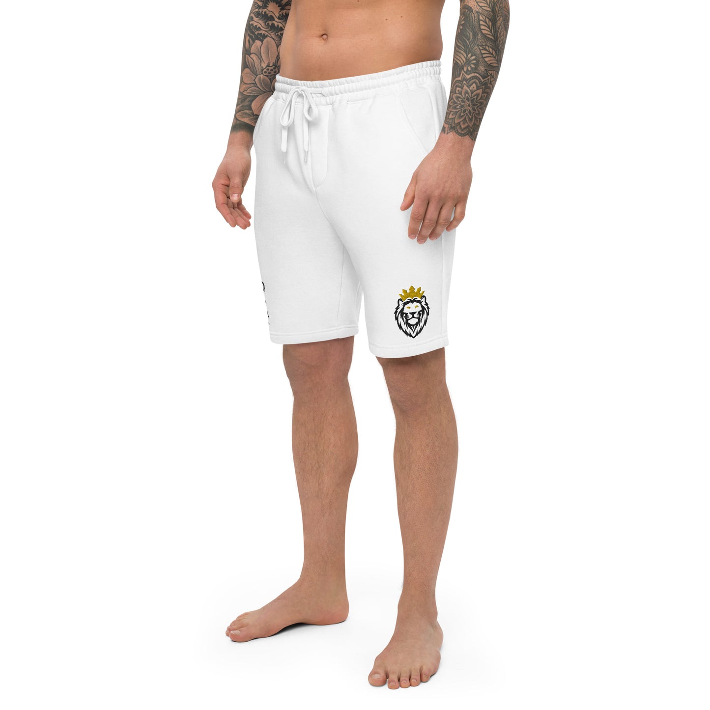 THSR White Adult Fleece Shorts - Embroidered Black & Gold KING Lion and Black "SR Still Rise" Design