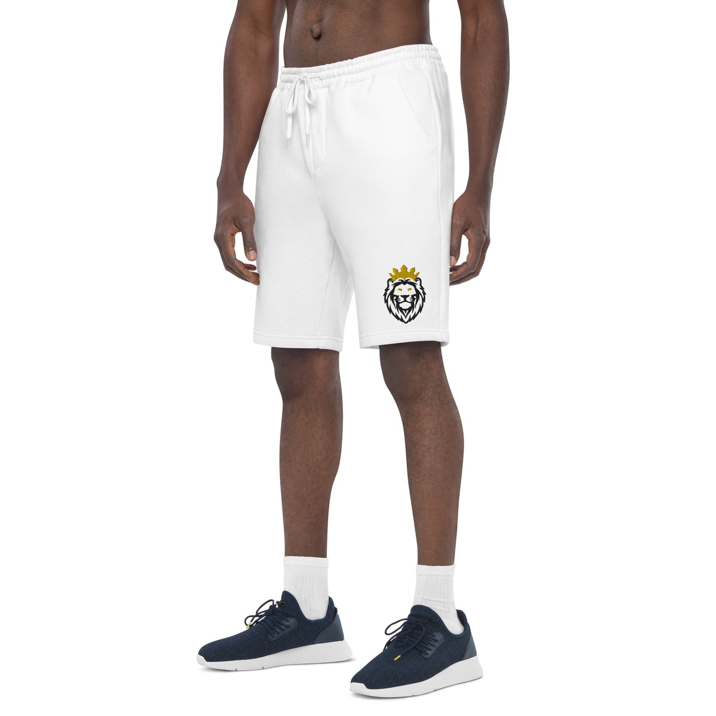 THSR White Adult Fleece Shorts - Embroidered Black & Gold KING Lion and Black "SR Still Rise" Design