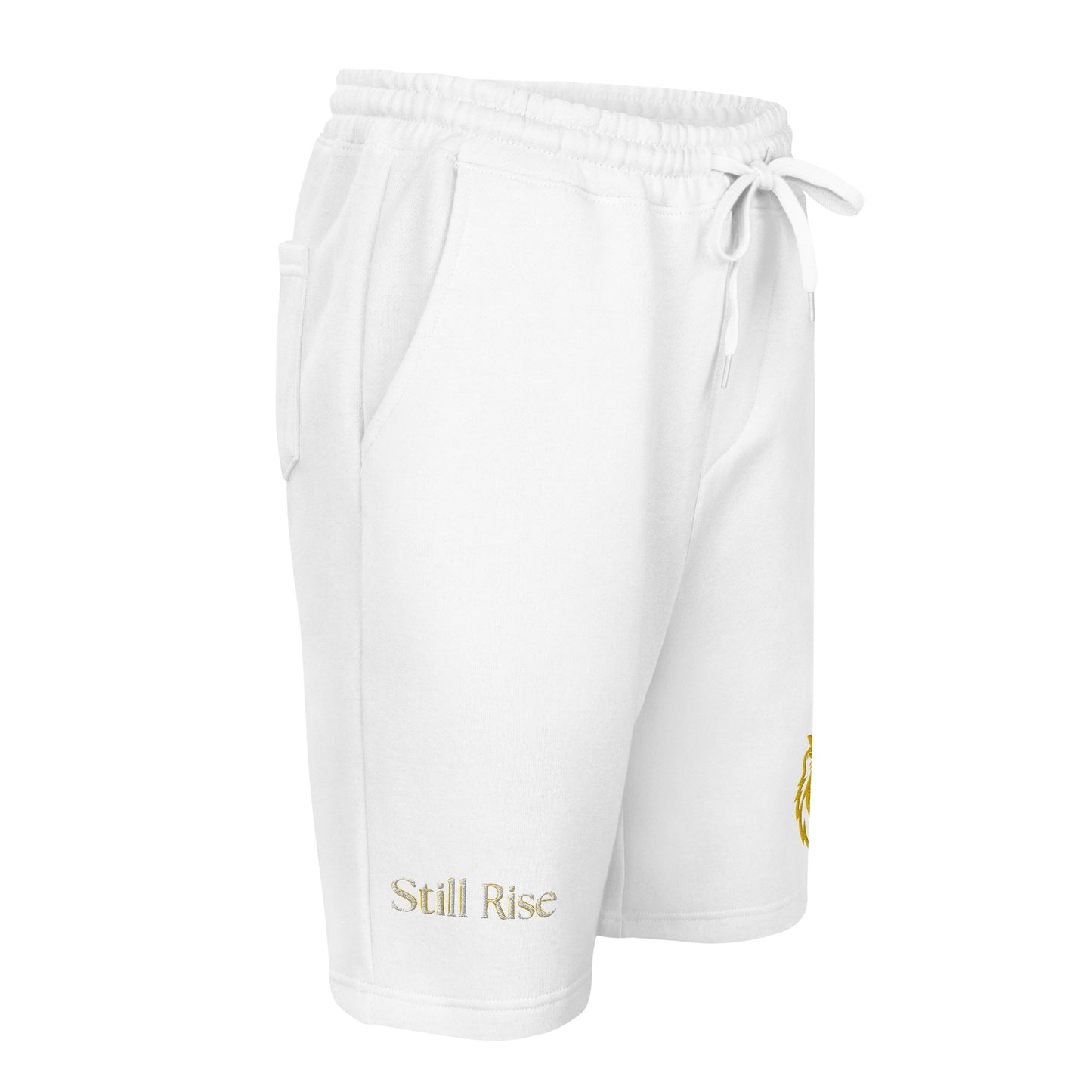 THSR Adult Fleece Shorts - Black or White with Embroidered Gold KING Lion and Bold Gold "Still Rise" Design