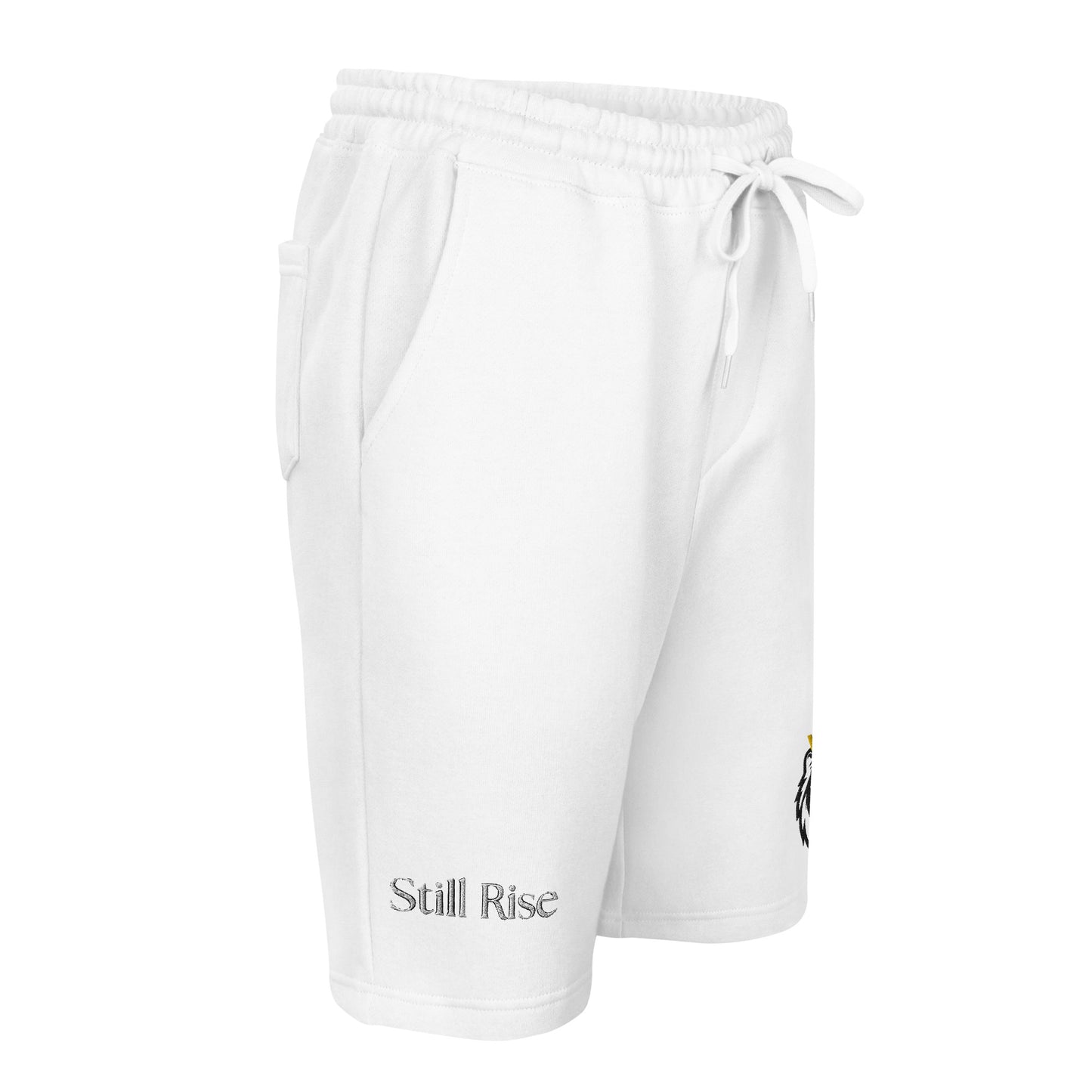 THSR White Adult Fleece Shorts - Embroidered Black & Gold KING Lion and Bold Black "Still Rise" Design