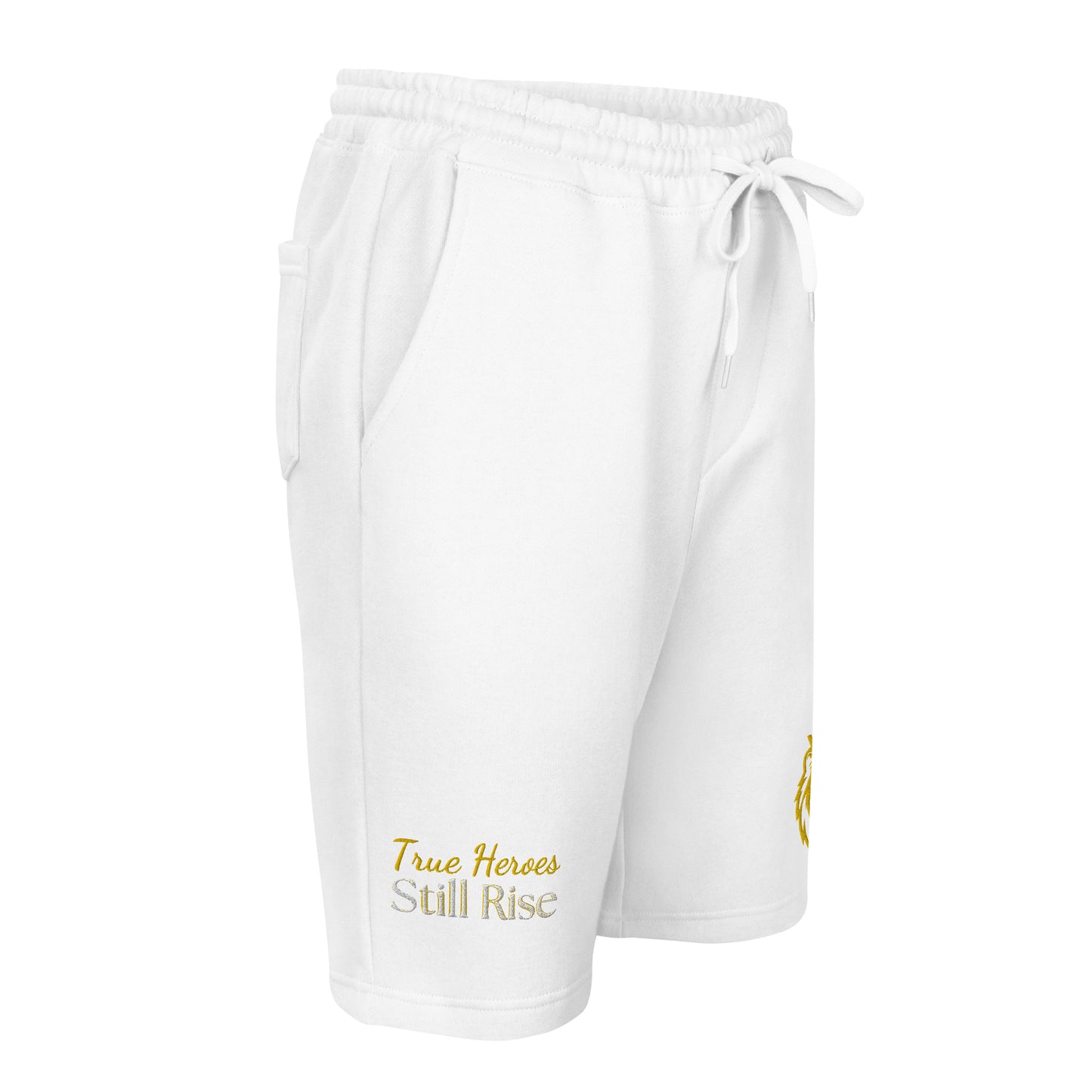 THSR Adult Fleece Shorts - Black or White with Embroidered Gold KING Lion and Bold Gold "True Heroes Still Rise" Design