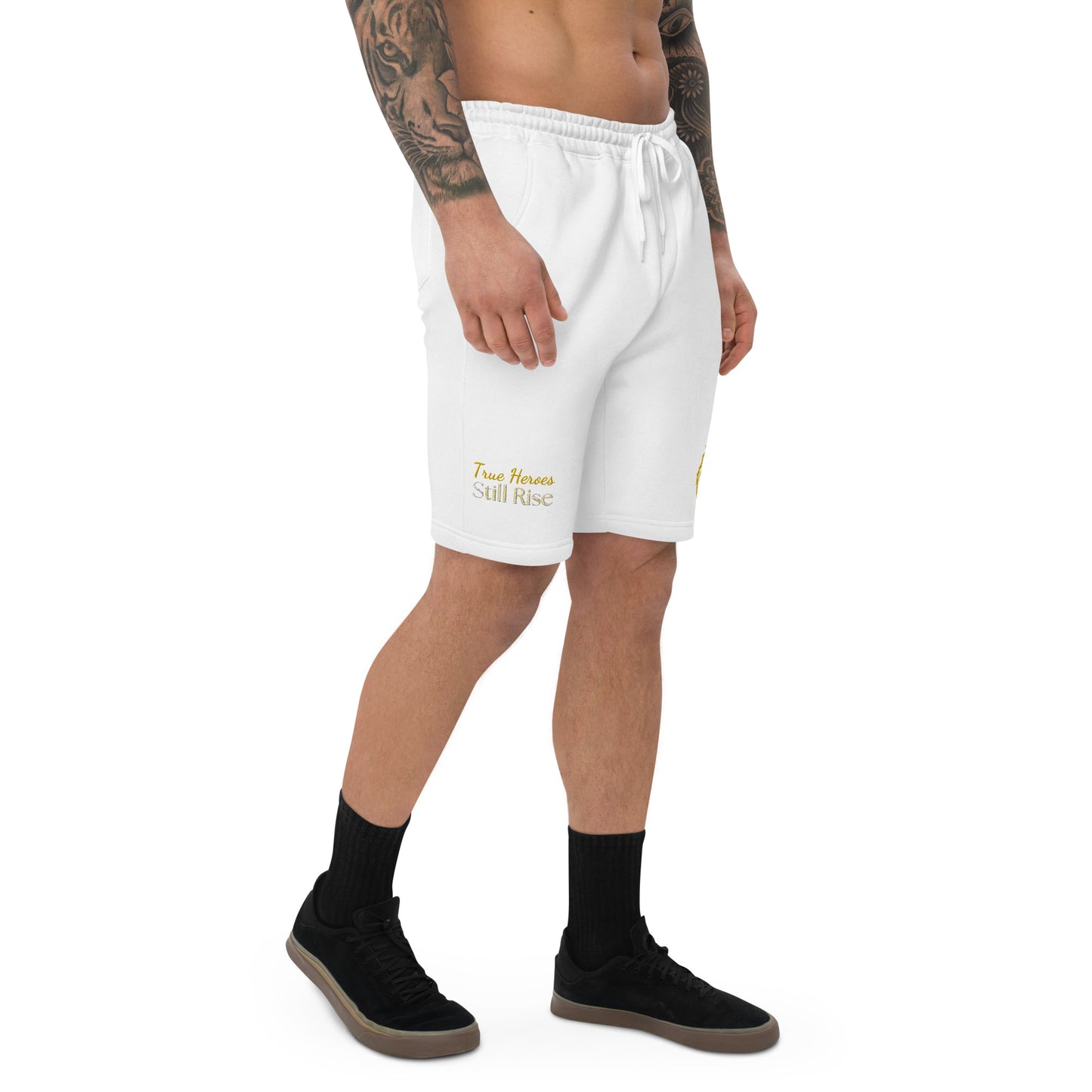 THSR Adult Fleece Shorts - Black or White with Embroidered Gold KING Lion and Bold Gold "True Heroes Still Rise" Design