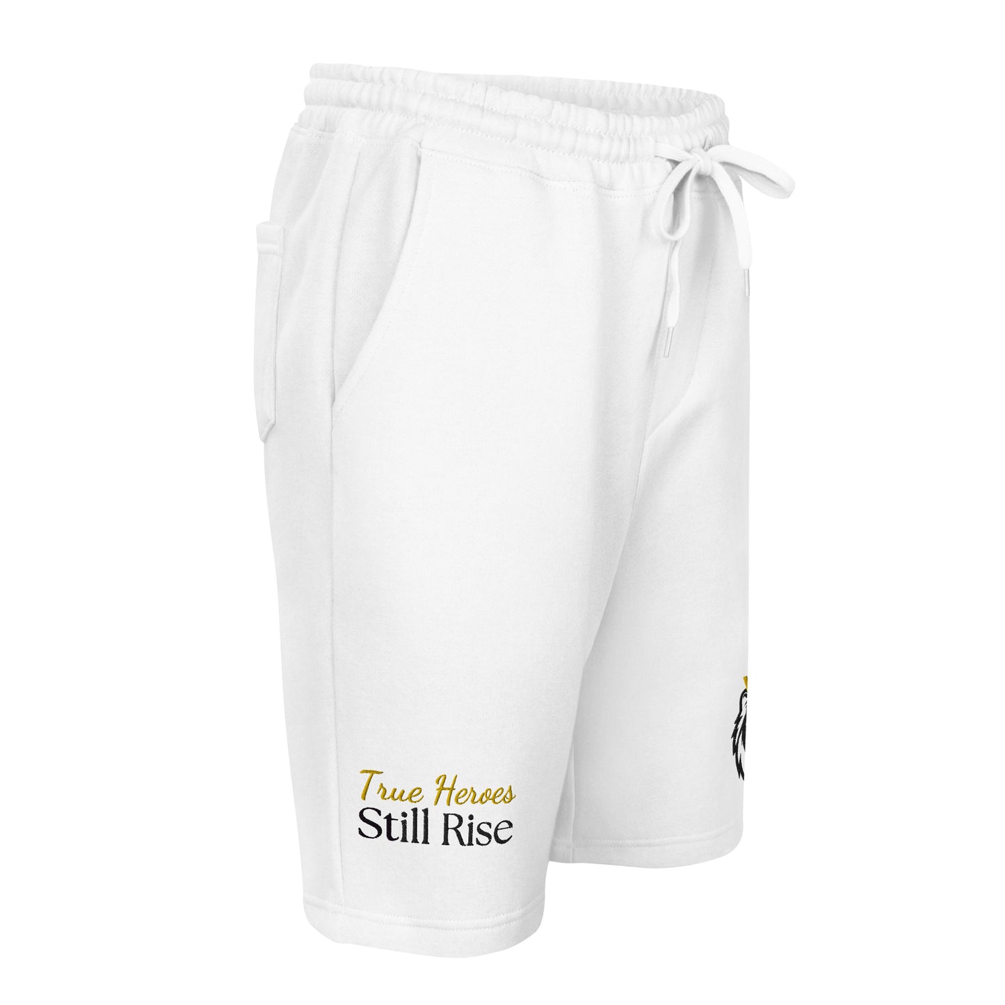 THSR White Adult Fleece Shorts - Embroidered Black & Gold KING Lion and Bold Gold and Black "True Heroes Still Rise" Design