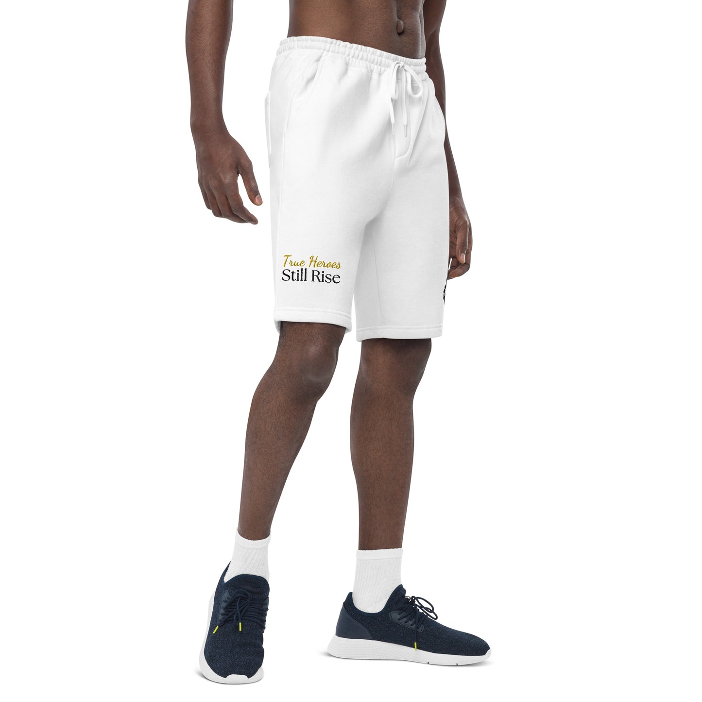 THSR White Adult Fleece Shorts - Embroidered Black & Gold KING Lion and Bold Gold and Black "True Heroes Still Rise" Design