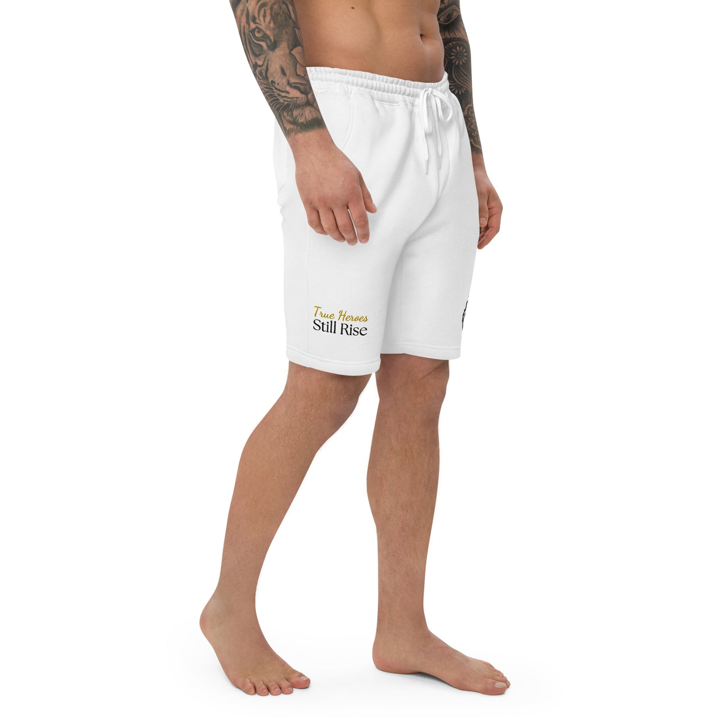 THSR White Adult Fleece Shorts - Embroidered Black & Gold KING Lion and Bold Gold and Black "True Heroes Still Rise" Design