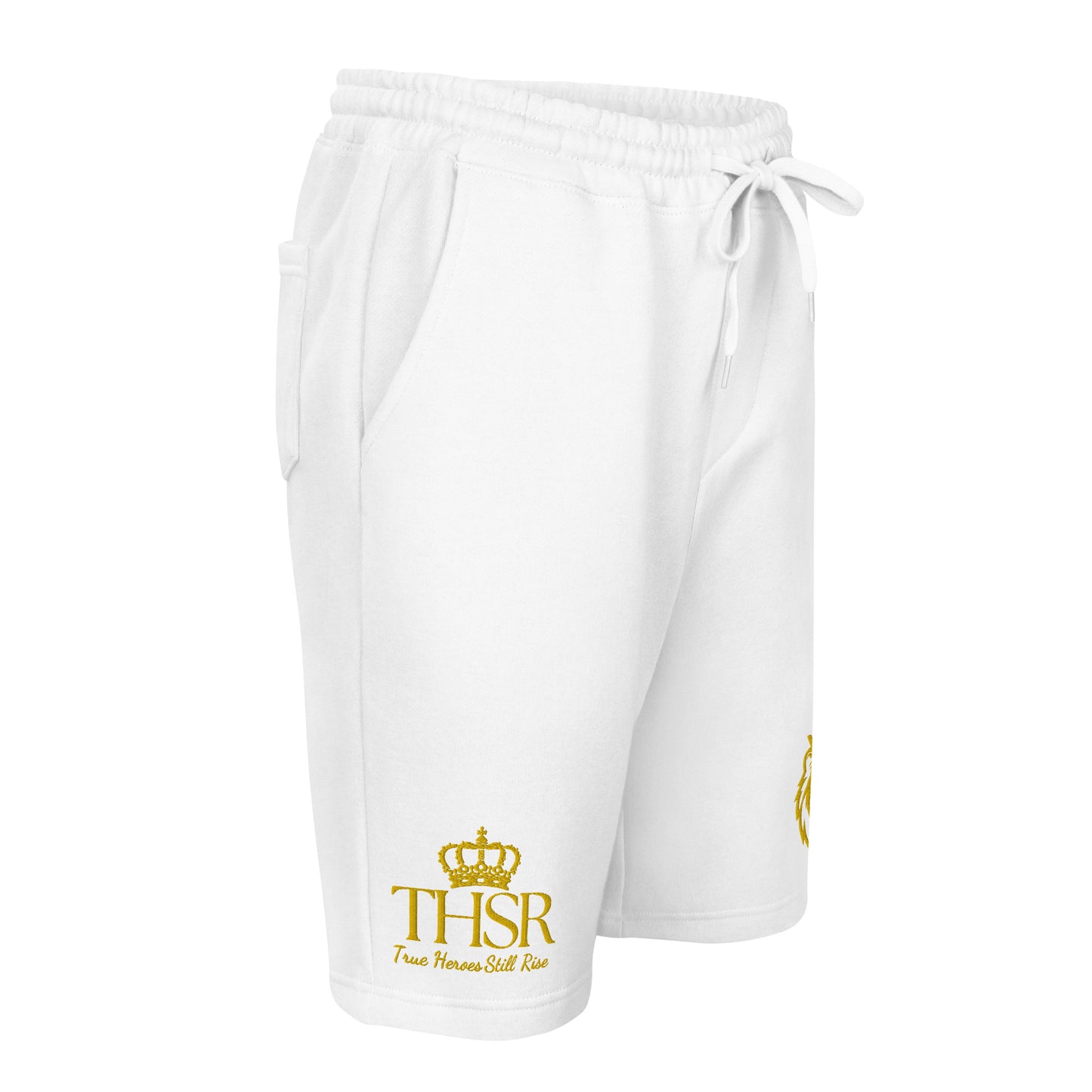 THSR Adult Fleece Shorts - Black or White with Embroidered Gold KING Lion and Gold "THSR True Heroes Still Rise" Design