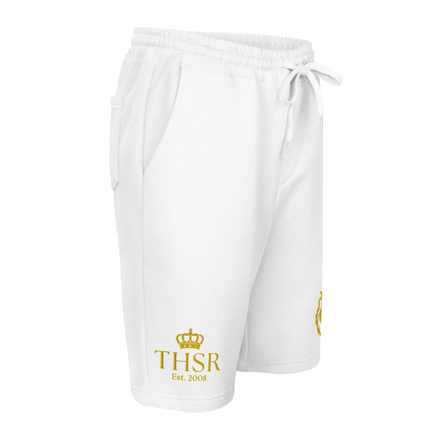 THSR Adult Fleece Shorts - Black or White with Embroidered Gold KING Lion and Gold "THSR Est. 2008" Design