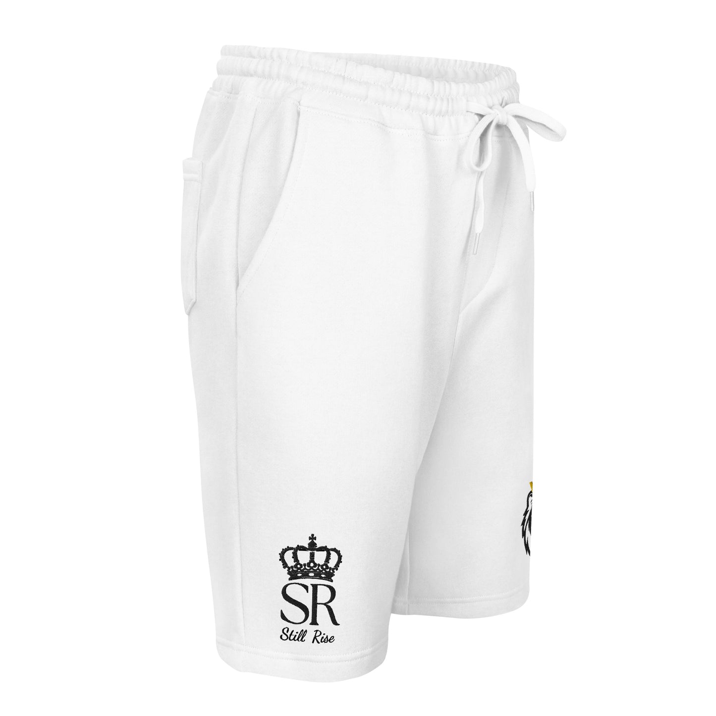 THSR White Adult Fleece Shorts - Embroidered Black & Gold KING Lion and Black "SR Still Rise" Design