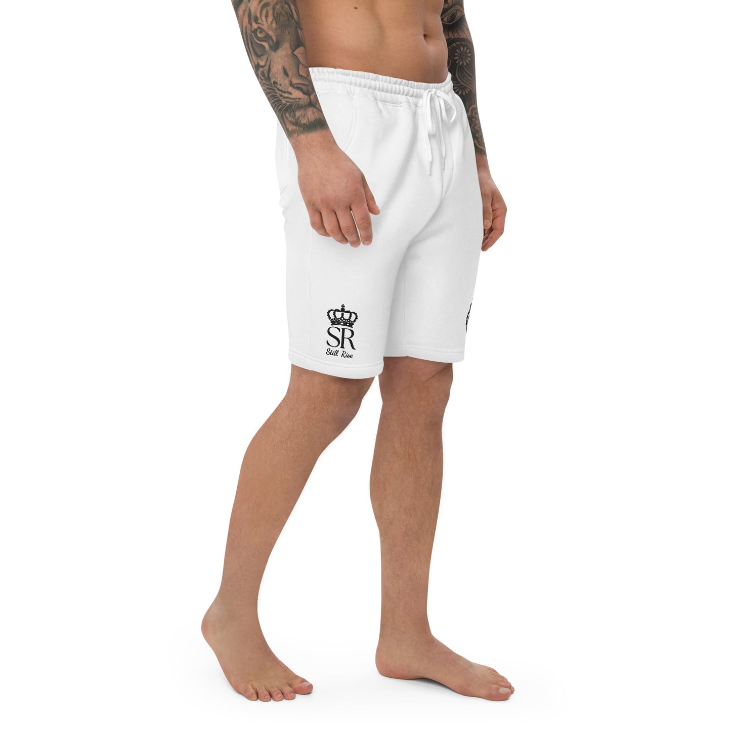 THSR White Adult Fleece Shorts - Embroidered Black & Gold KING Lion and Black "SR Still Rise" Design