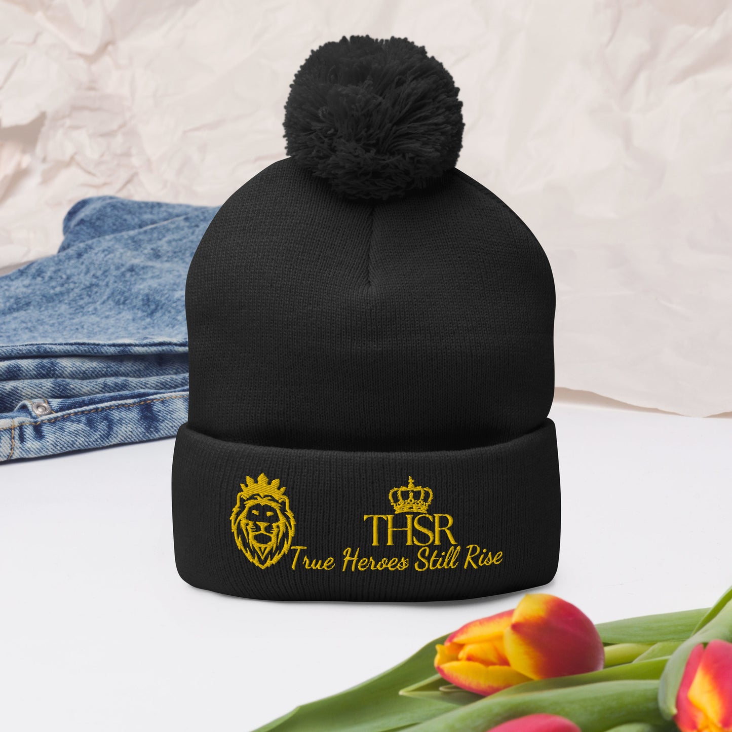 THSR Black Pom-Pom Beanie with Gold Embroidered THSR KING Lion & Crowned THSR True Heroes Still Rise Logo – Warm, Stylish Winter Hat