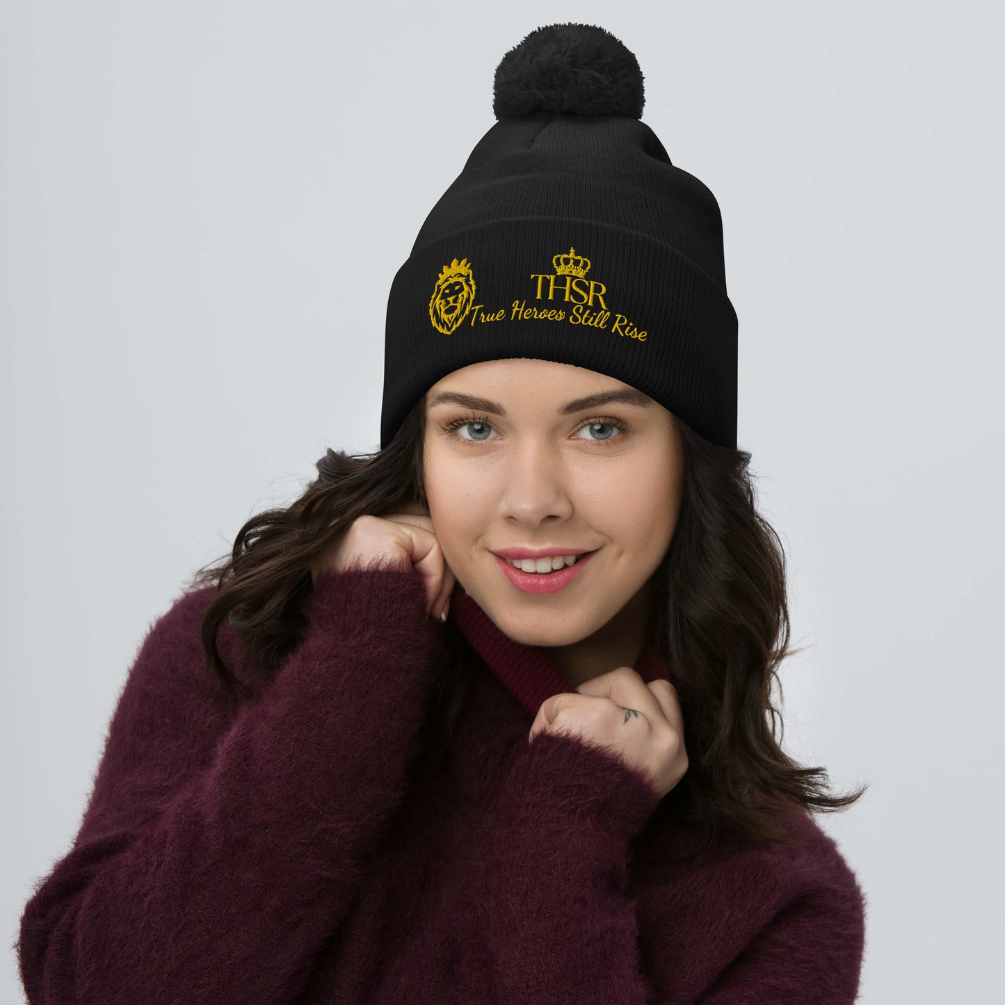 THSR Black Pom-Pom Beanie with Gold Embroidered THSR KING Lion & Crowned THSR True Heroes Still Rise Logo – Warm, Stylish Winter Hat