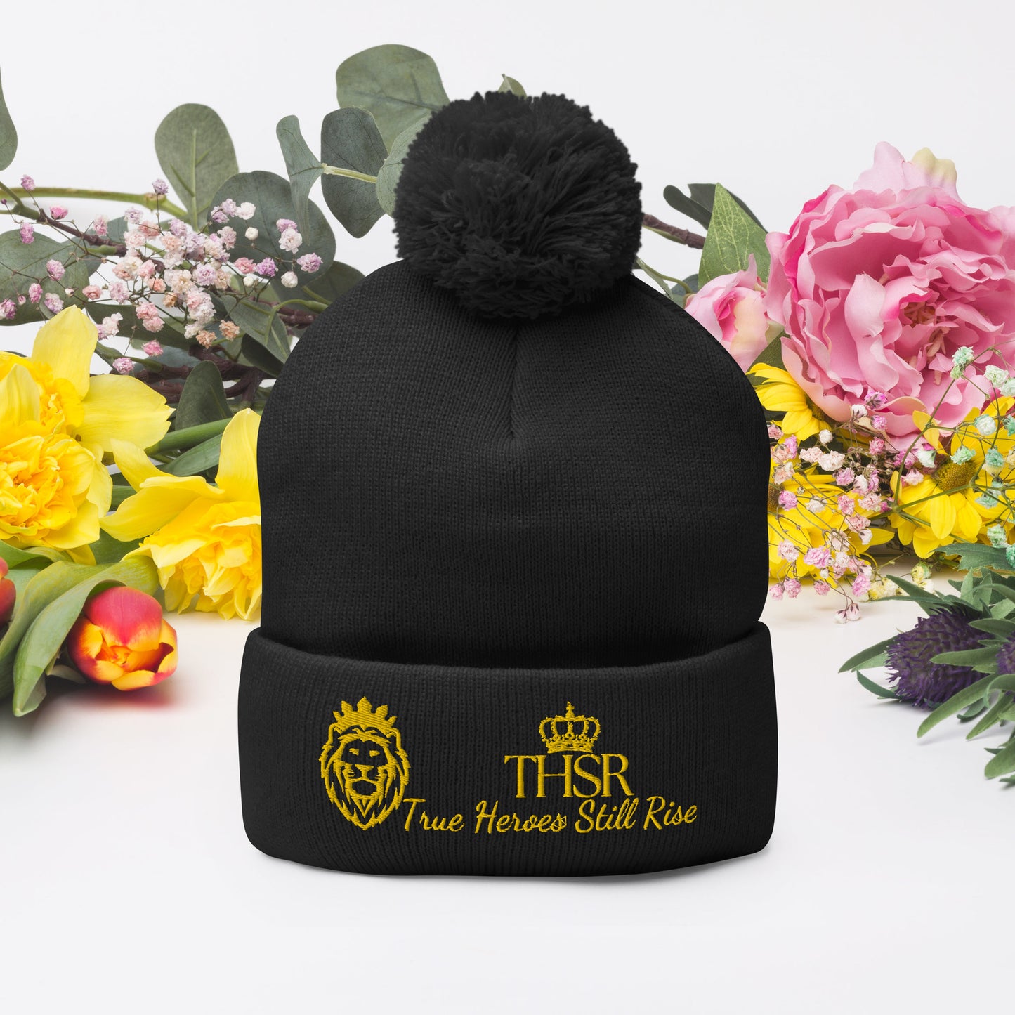 THSR Black Pom-Pom Beanie with Gold Embroidered THSR KING Lion & Crowned THSR True Heroes Still Rise Logo – Warm, Stylish Winter Hat