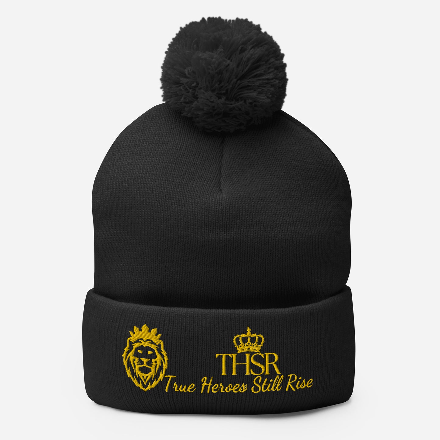 THSR Black Pom-Pom Beanie with Gold Embroidered THSR KING Lion & Crowned THSR True Heroes Still Rise Logo – Warm, Stylish Winter Hat