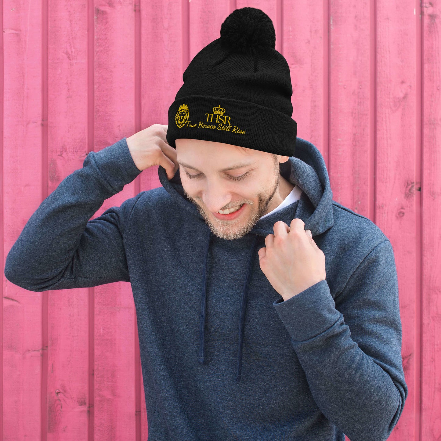 THSR Black Pom-Pom Beanie with Gold Embroidered THSR KING Lion & Crowned THSR True Heroes Still Rise Logo – Warm, Stylish Winter Hat