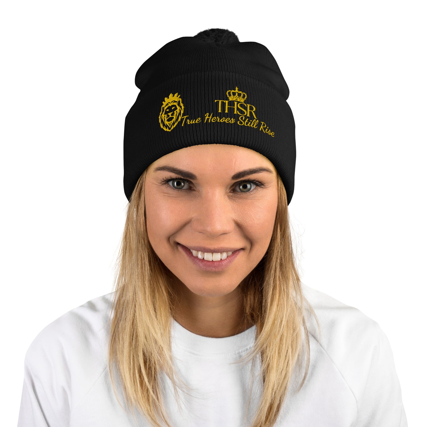 THSR Black Pom-Pom Beanie with Gold Embroidered THSR KING Lion & Crowned THSR True Heroes Still Rise Logo – Warm, Stylish Winter Hat