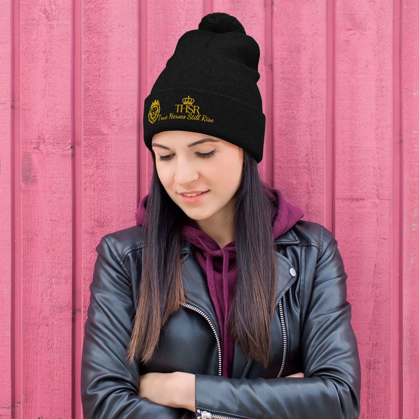 THSR Black Pom-Pom Beanie with Gold Embroidered THSR KING Lion & Crowned THSR True Heroes Still Rise Logo – Warm, Stylish Winter Hat