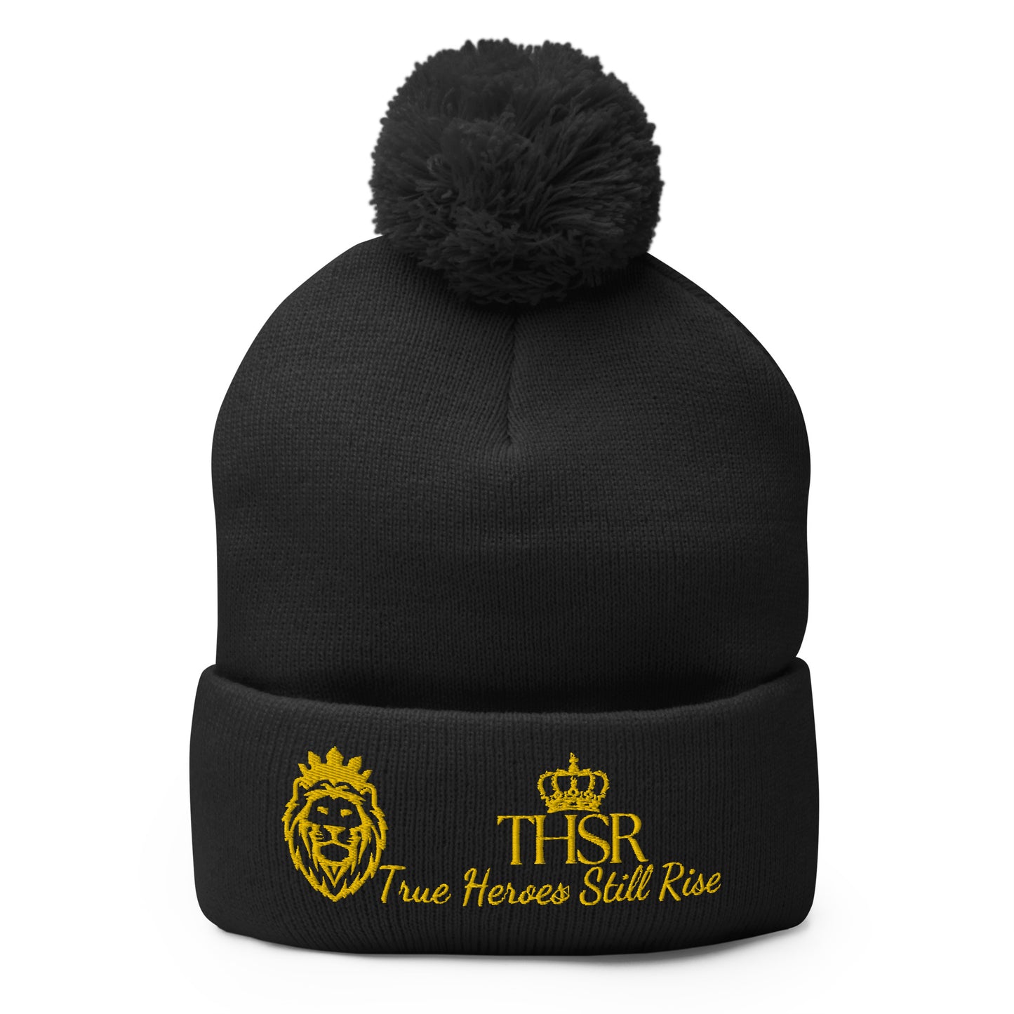 THSR Black Pom-Pom Beanie with Gold Embroidered THSR KING Lion & Crowned THSR True Heroes Still Rise Logo – Warm, Stylish Winter Hat