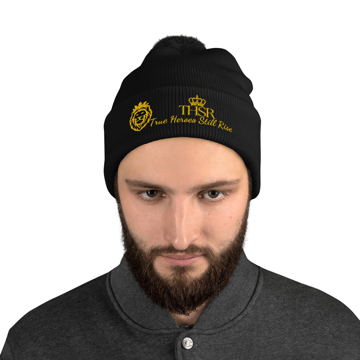 THSR Black Pom-Pom Beanie with Gold Embroidered THSR KING Lion & Crowned THSR True Heroes Still Rise Logo – Warm, Stylish Winter Hat