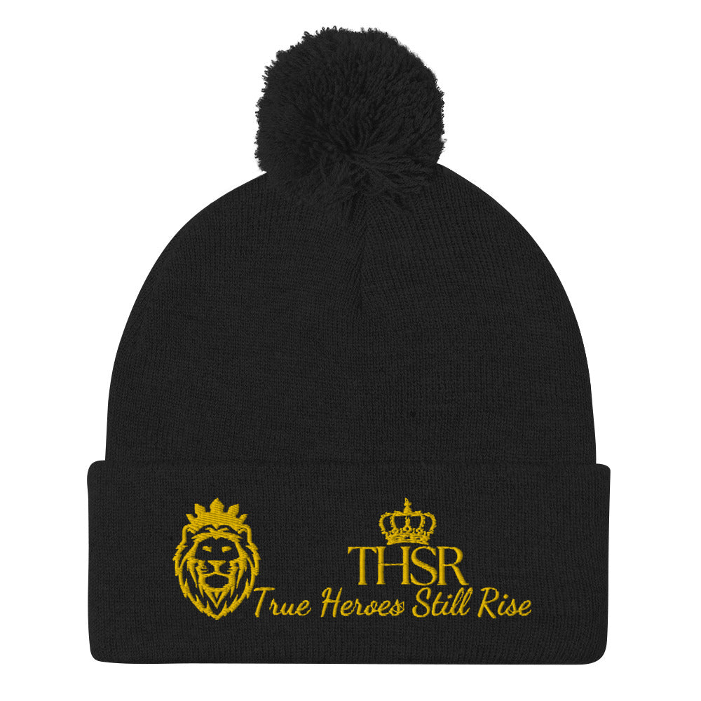 THSR Black Pom-Pom Beanie with Gold Embroidered THSR KING Lion & Crowned THSR True Heroes Still Rise Logo – Warm, Stylish Winter Hat