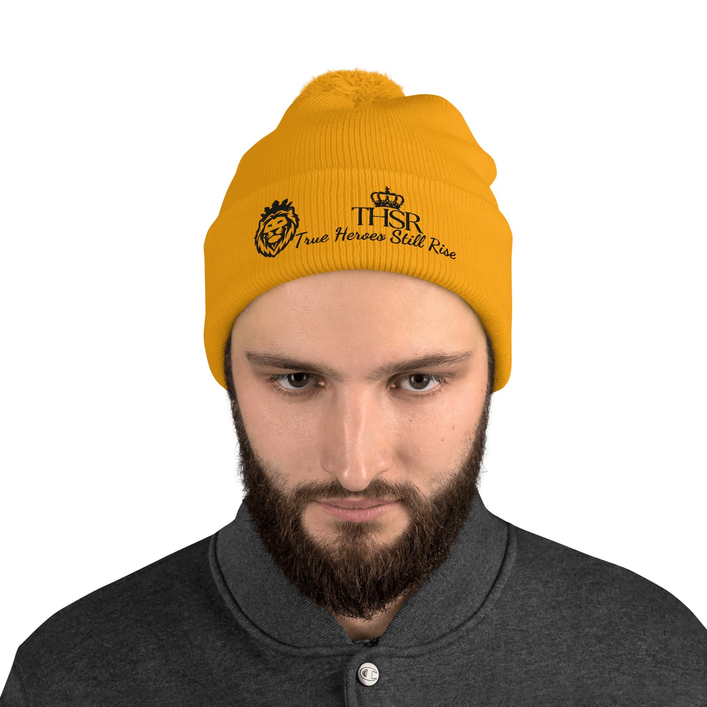 THSR Gold Pom-Pom Beanie with Black Embroidered THSR KING Lion & Crowned THSR True Heroes Still Rise Logo – Warm, Stylish Winter Hat