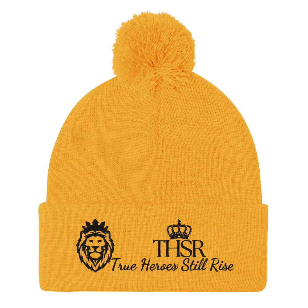 THSR Gold Pom-Pom Beanie with Black Embroidered THSR KING Lion & Crowned THSR True Heroes Still Rise Logo – Warm, Stylish Winter Hat