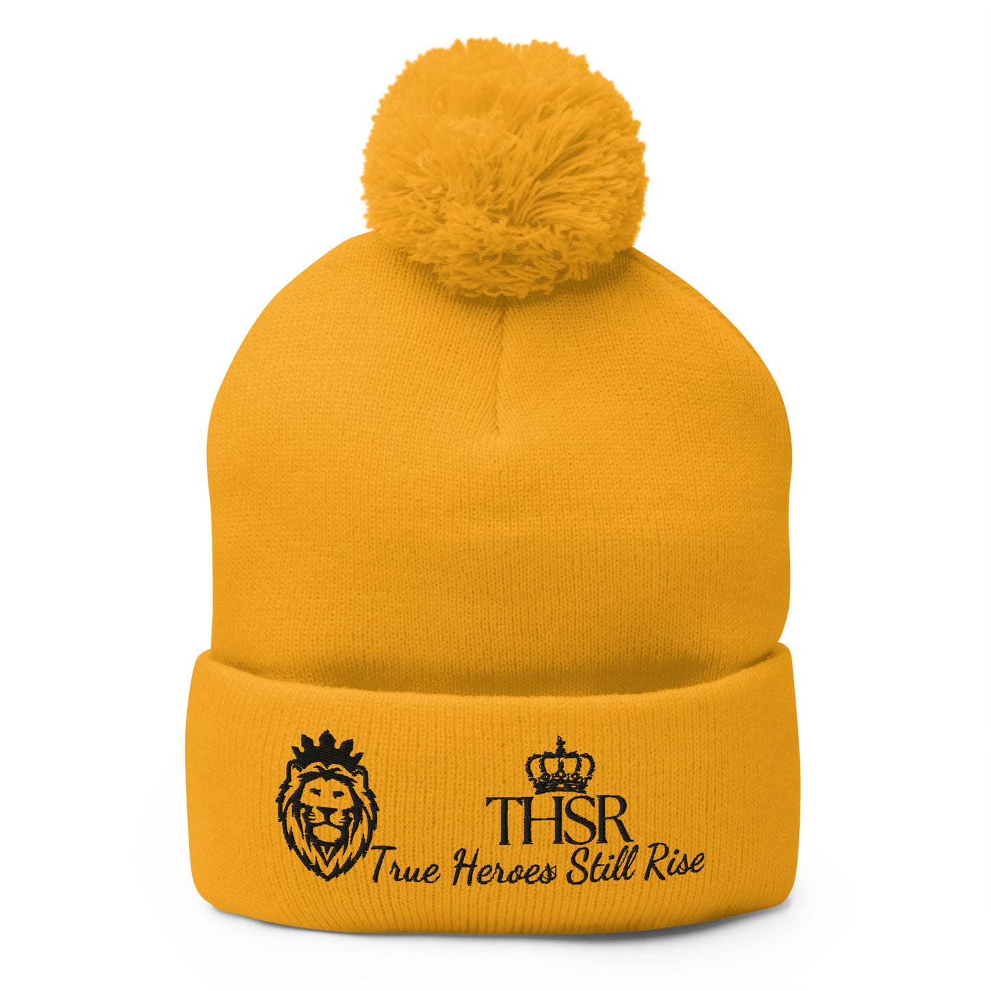 THSR Gold Pom-Pom Beanie with Black Embroidered THSR KING Lion & Crowned THSR True Heroes Still Rise Logo – Warm, Stylish Winter Hat