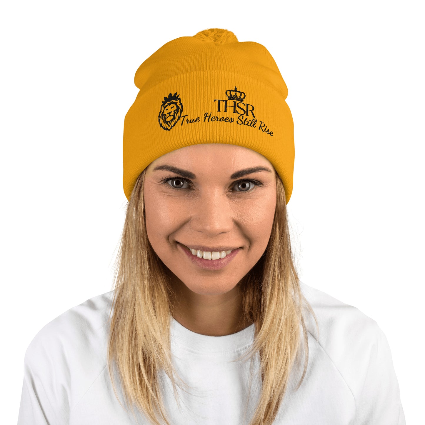 THSR Gold Pom-Pom Beanie with Black Embroidered THSR KING Lion & Crowned THSR True Heroes Still Rise Logo – Warm, Stylish Winter Hat