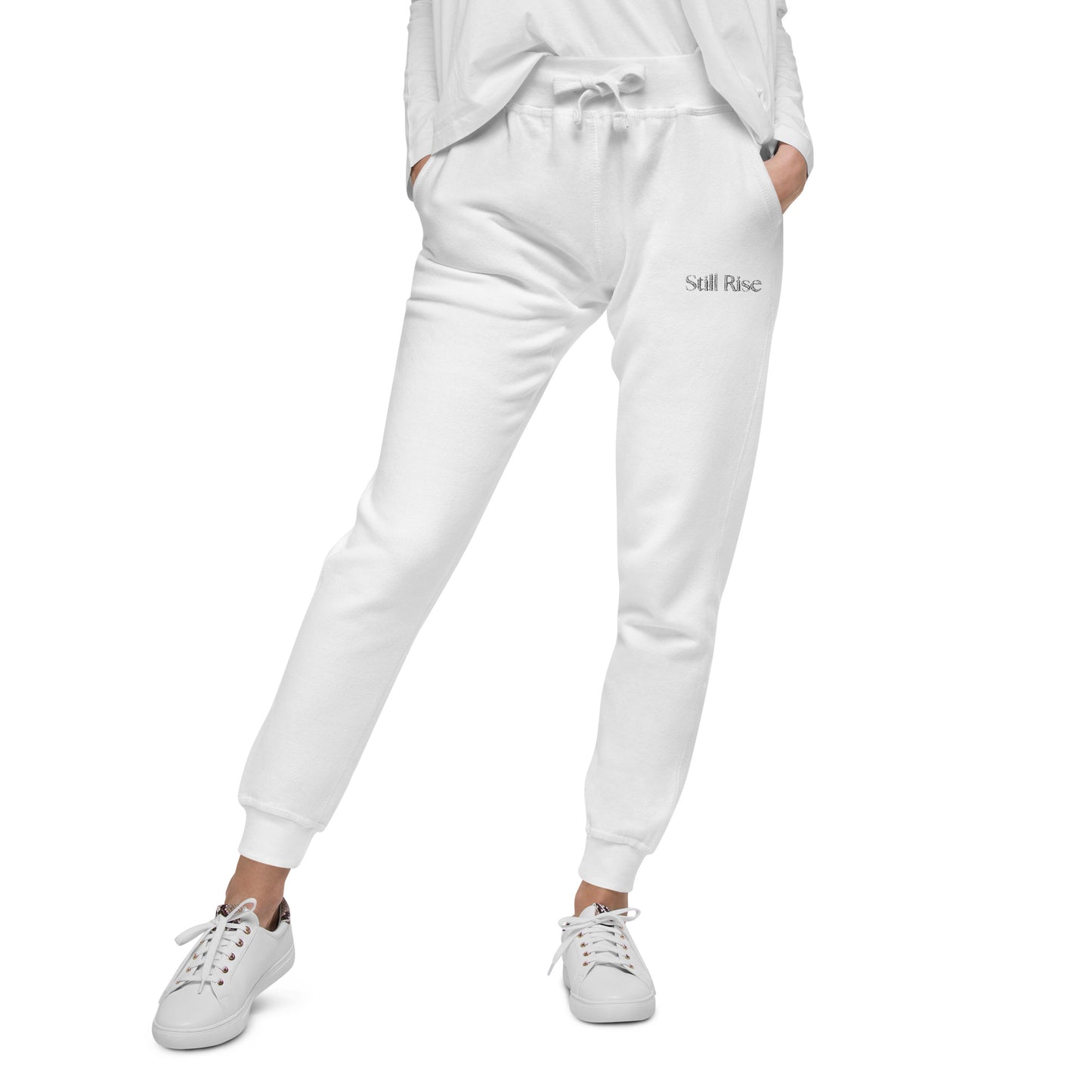 THSR Unisex White Sweatpants - Embroidered Bold Black "Still Rise" Design