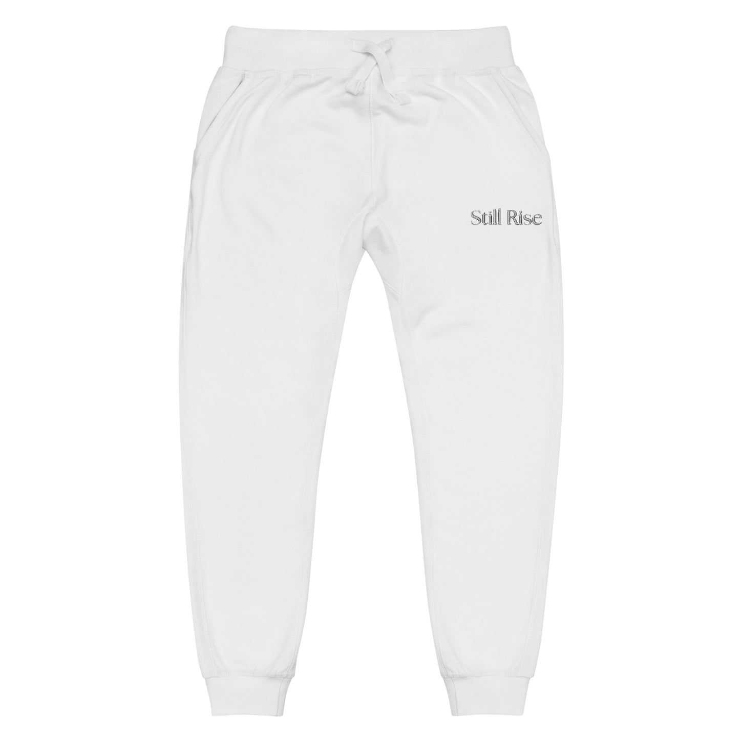 THSR Unisex White Sweatpants - Embroidered Bold Black "Still Rise" Design