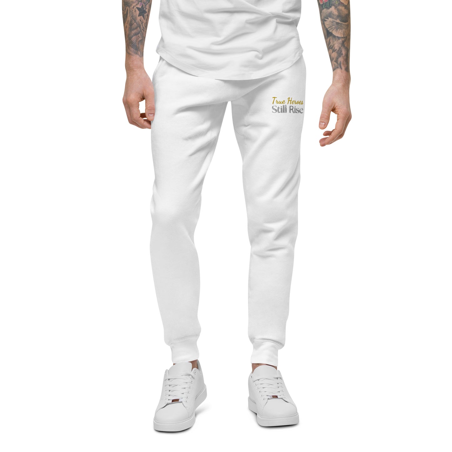 THSR Unisex White Sweatpants - Embroidered Bold Gold and Black "True Heroes Still Rise" Design