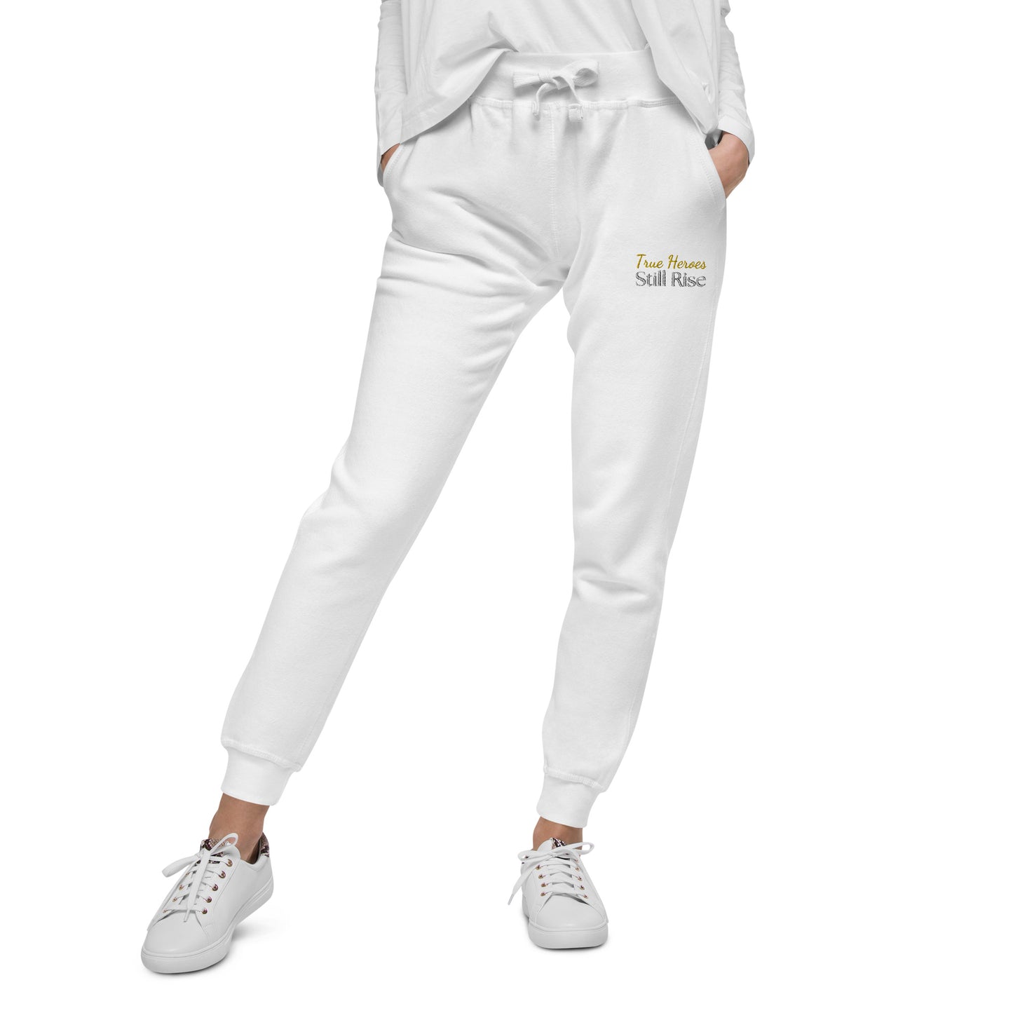 THSR Unisex White Sweatpants - Embroidered Bold Gold and Black "True Heroes Still Rise" Design