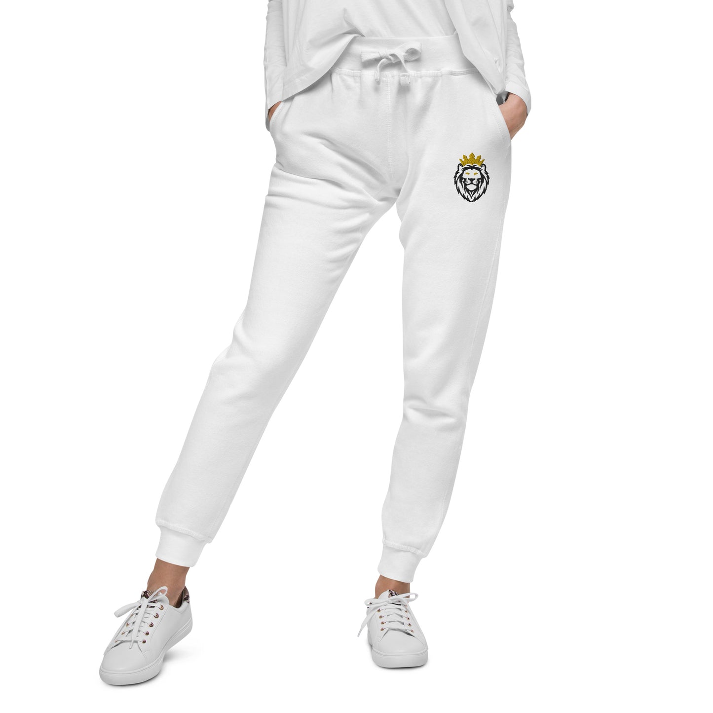 THSR Unisex White Sweatpants - Embroidered Black and Gold THSR KING Lion Design