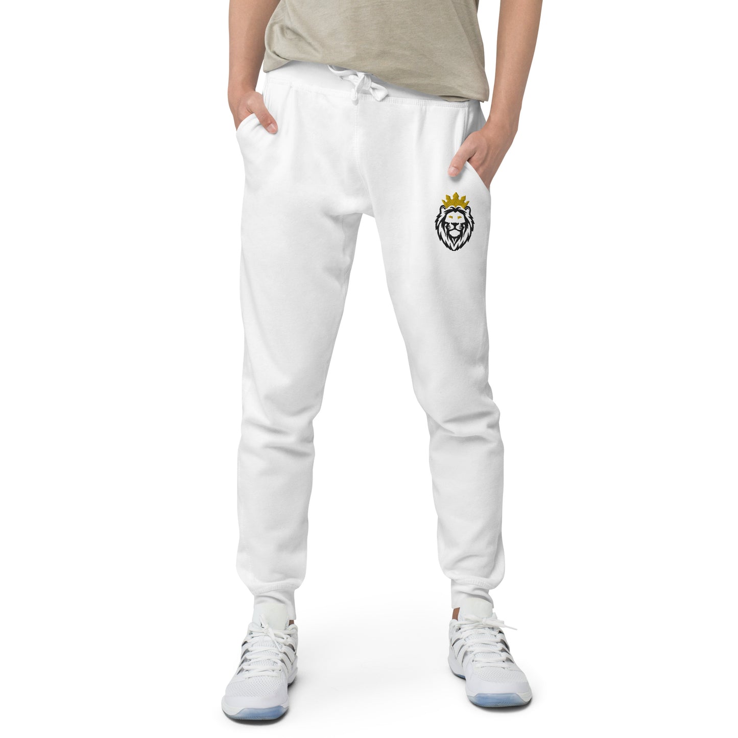 THSR Unisex White Sweatpants - Embroidered Black and Gold THSR KING Lion Design