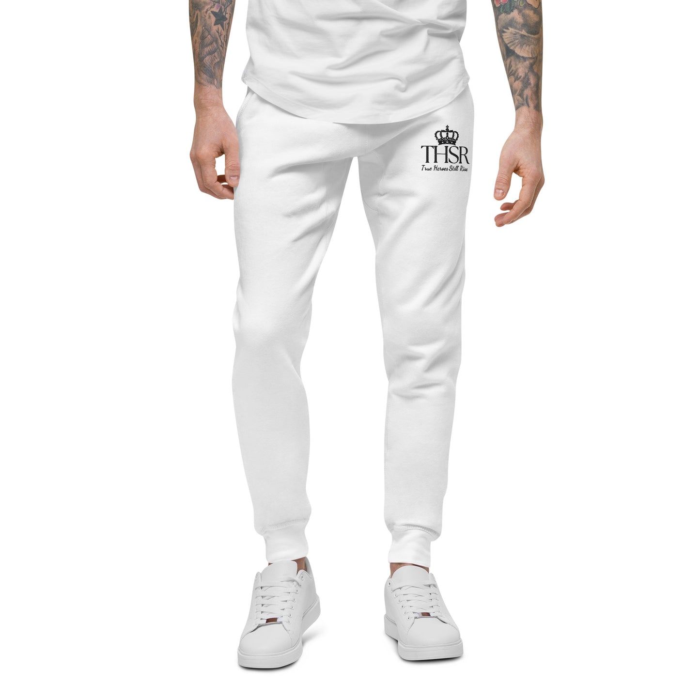 THSR Unisex White Sweatpants - Embroidered Black "THSR True Heroes Still Rise" Design