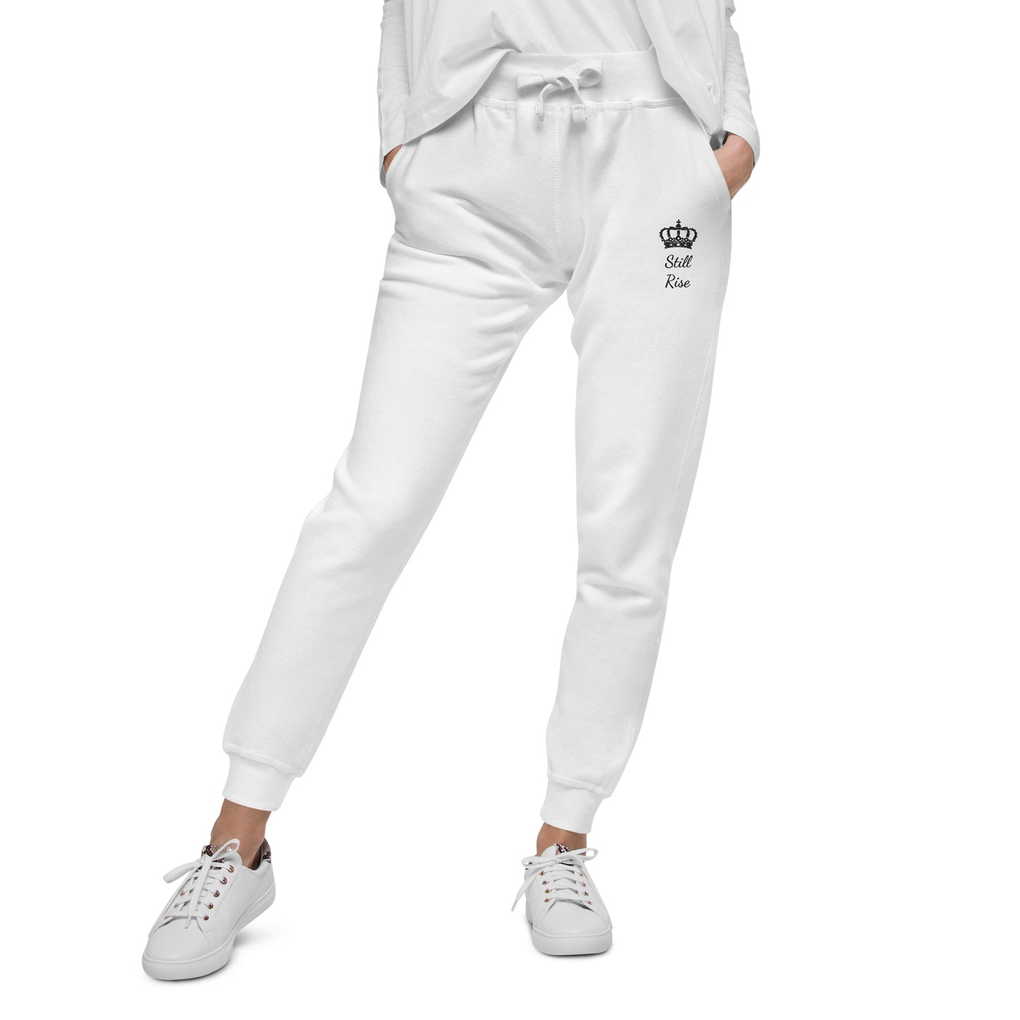 THSR Unisex White Sweatpants - Embroidered Black "Still Rise" Design