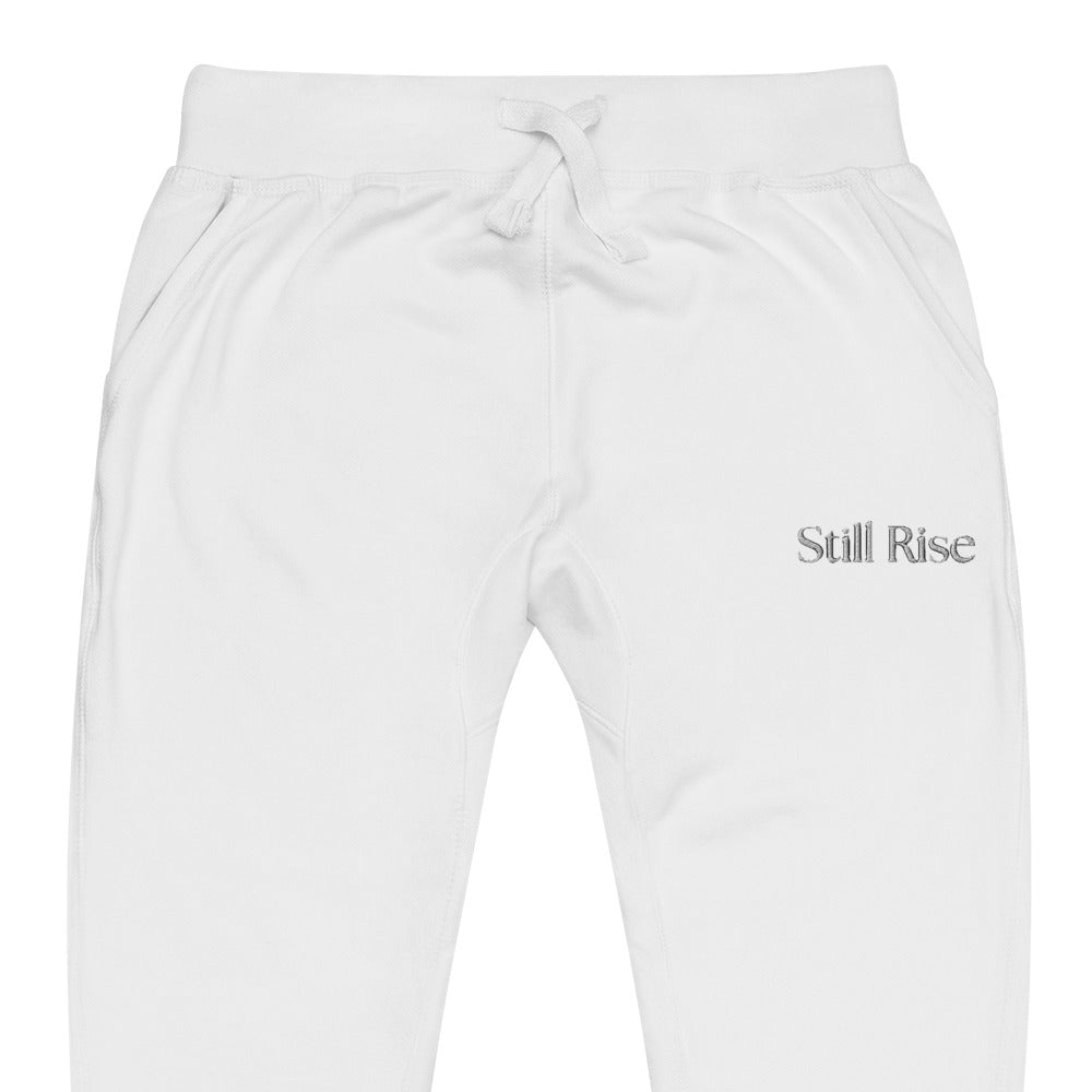 THSR Unisex White Sweatpants - Embroidered Bold Black "Still Rise" Design