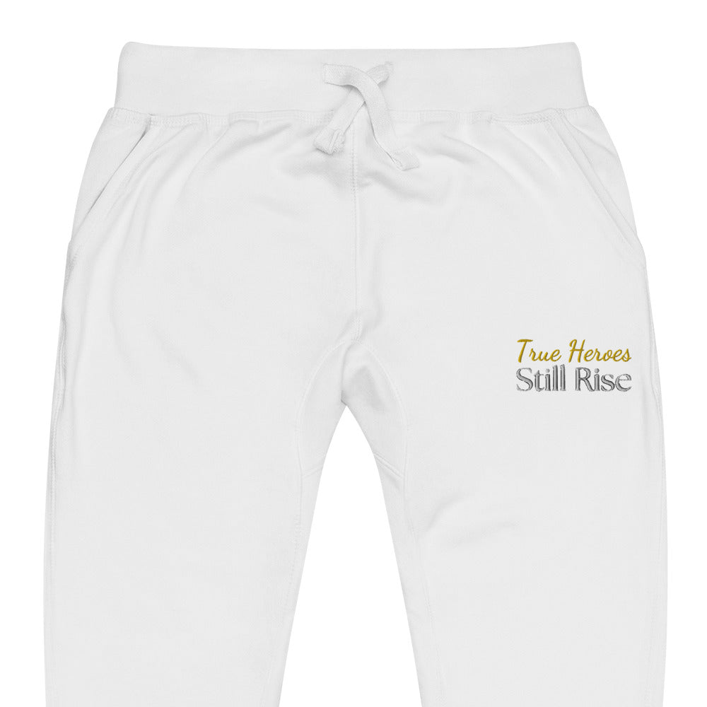 THSR Unisex White Sweatpants - Embroidered Bold Gold and Black "True Heroes Still Rise" Design