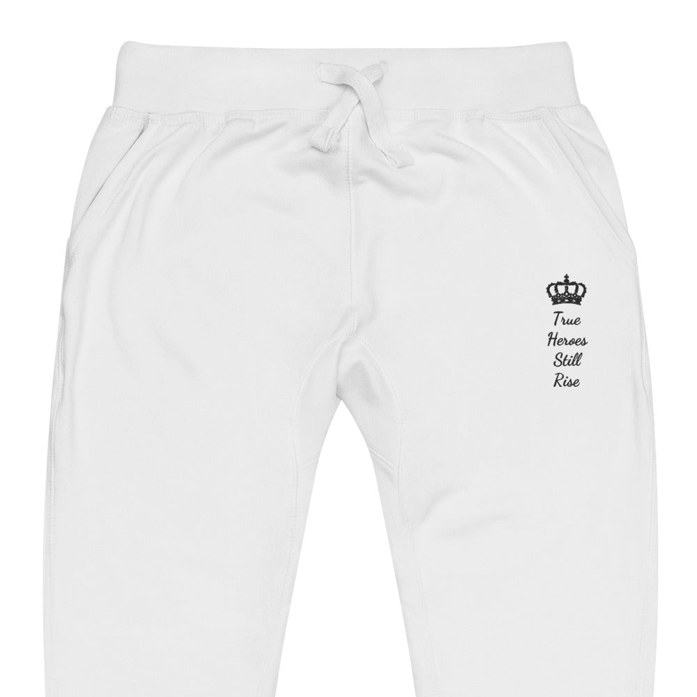 THSR Unisex White Sweatpants - Embroidered Black "True Heroes Still Rise" Design