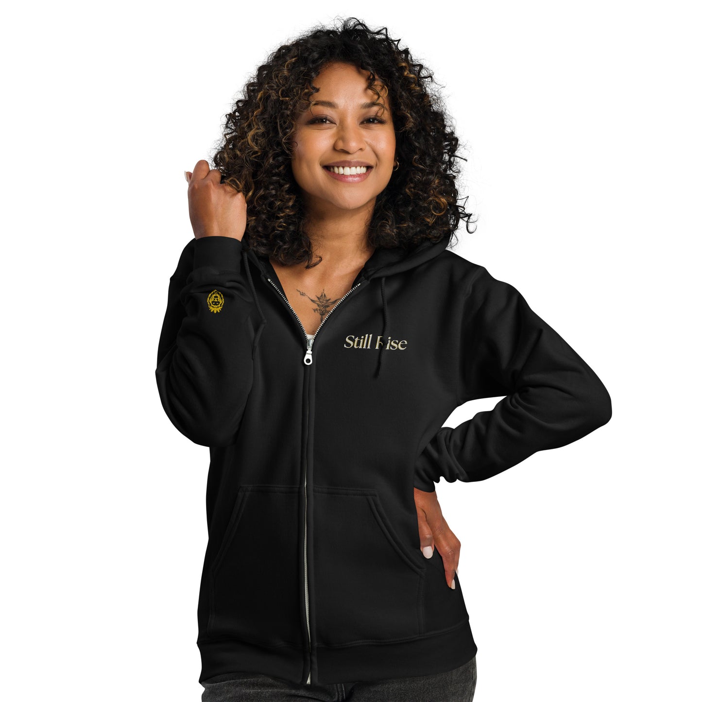 THSR Unisex Zip-up Hoodies - Black or White Zip-up Hoodie with Embroidered Gold "Still Rise" Design