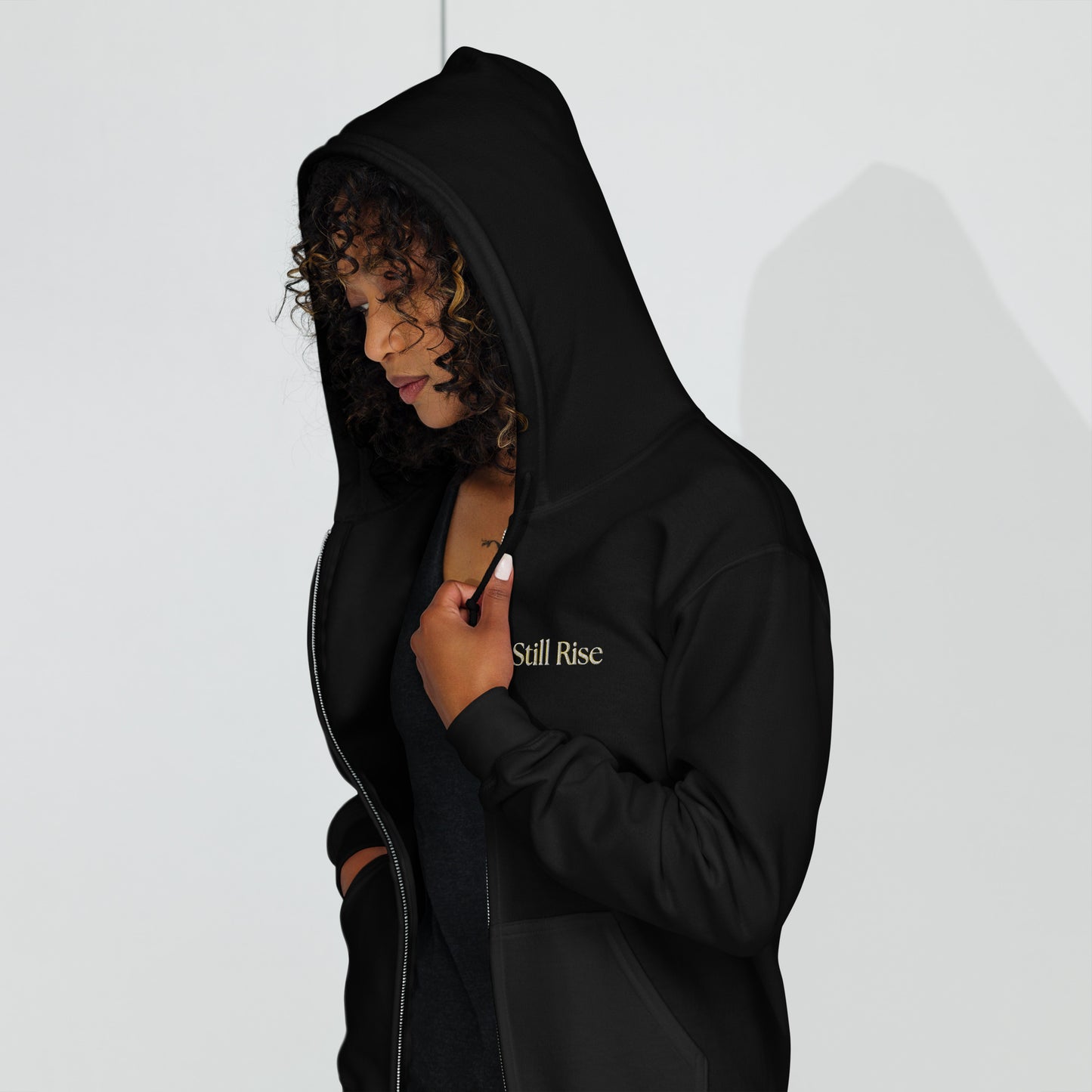 THSR Unisex Zip-up Hoodies - Black or White Zip-up Hoodie with Embroidered Gold "Still Rise" Design