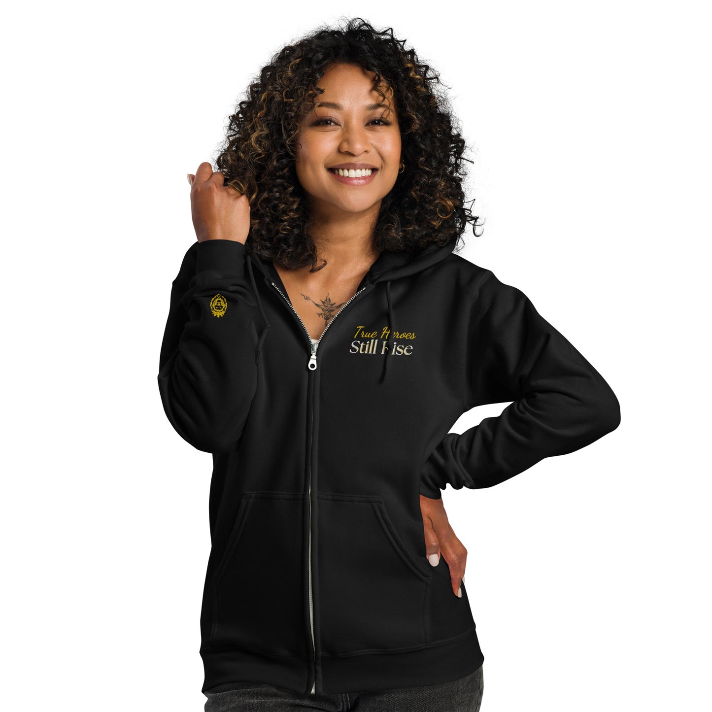 THSR Unisex Zip-up Hoodies - Black Zip-up Hoodie with Embroidered Gold "True Heroes Still Rise" Design