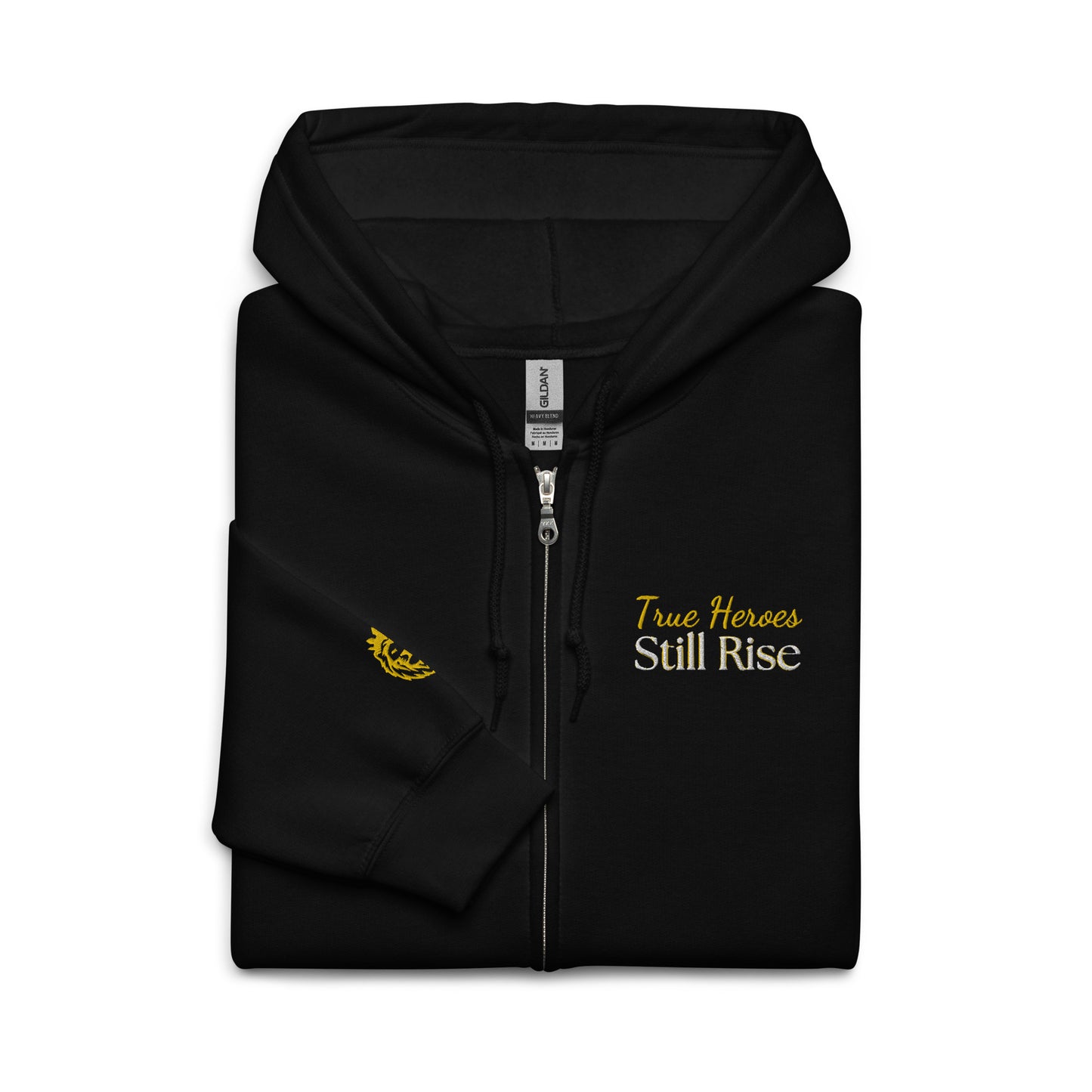 THSR Unisex Zip-up Hoodies - Black Zip-up Hoodie with Embroidered Gold "True Heroes Still Rise" Design