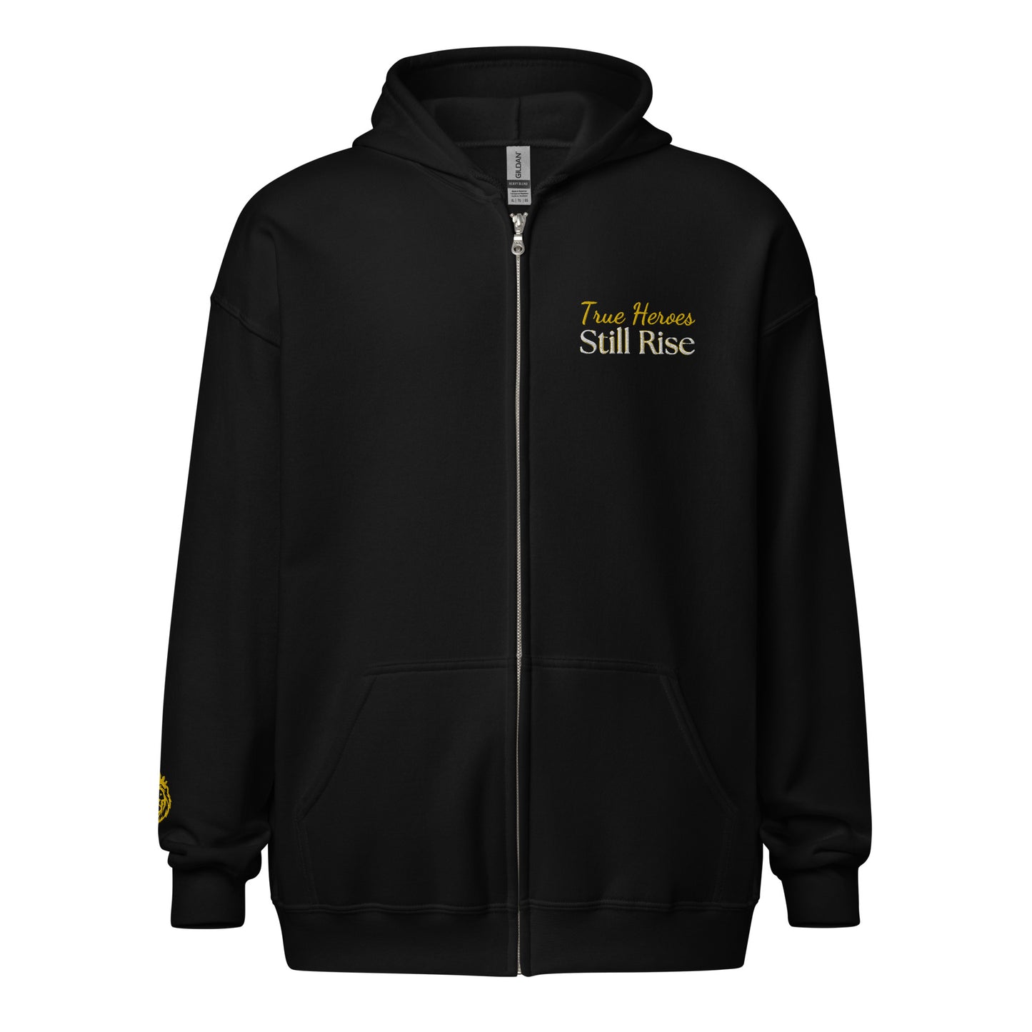 THSR Unisex Zip-up Hoodies - Black Zip-up Hoodie with Embroidered Gold "True Heroes Still Rise" Design