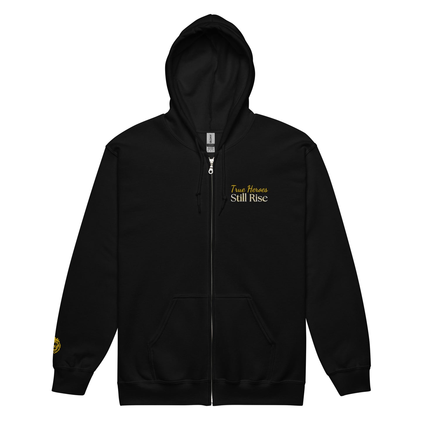 THSR Unisex Zip-up Hoodies - Black Zip-up Hoodie with Embroidered Gold "True Heroes Still Rise" Design