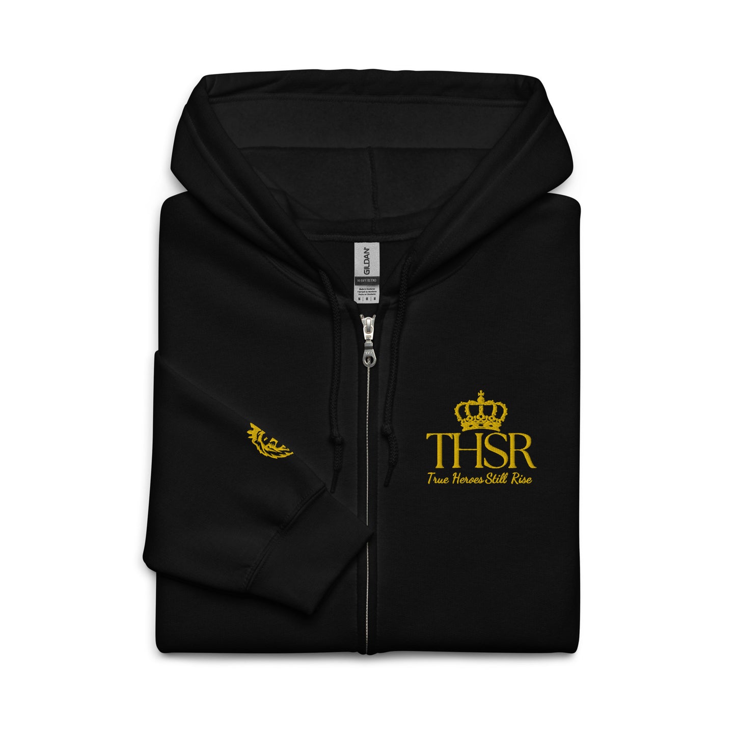 THSR Unisex Zip-up Hoodies - Black or White Zip-up Hoodie with Embroidered Gold "THSR True Heroes Still Rise" Design