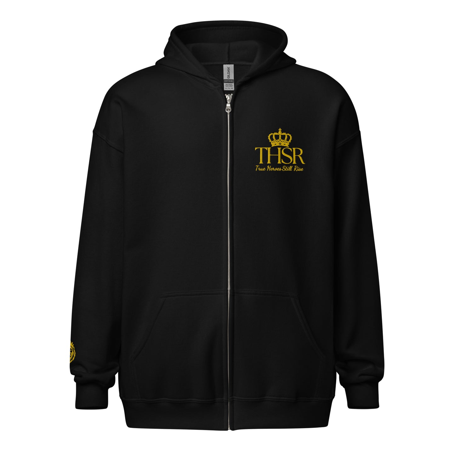 THSR Unisex Zip-up Hoodies - Black or White Zip-up Hoodie with Embroidered Gold "THSR True Heroes Still Rise" Design